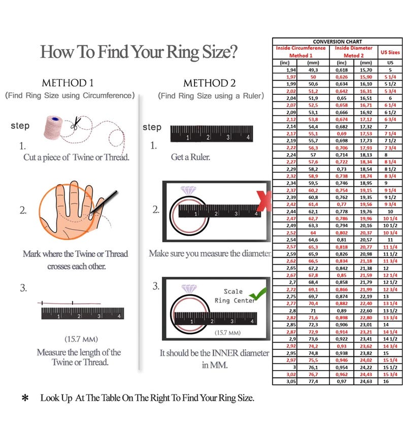 May include: Diagram illustrating how to measure ring size using twine or a ruler, with a conversion chart for US sizes. Includes instructions for measuring circumference and diameter in millimeters.
