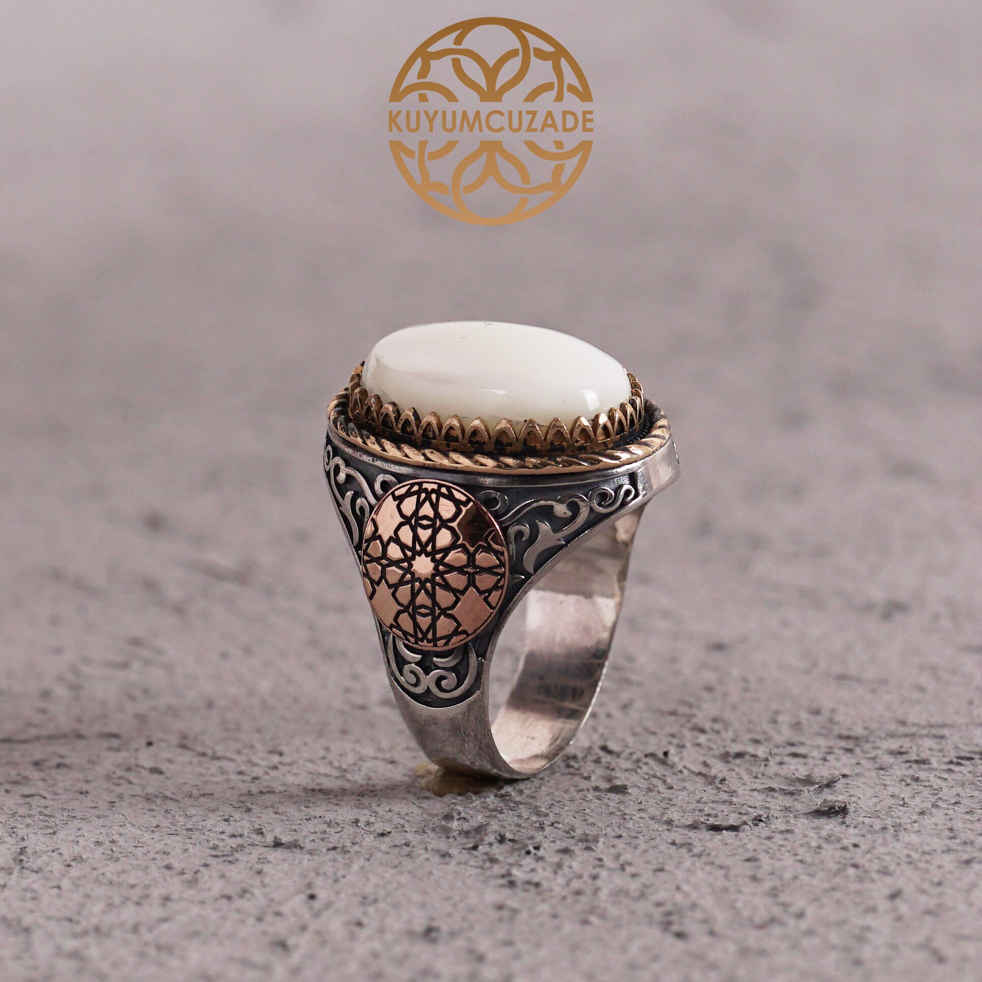 Men's White Mother of Pearl Gemstone Sterling Silver Ring