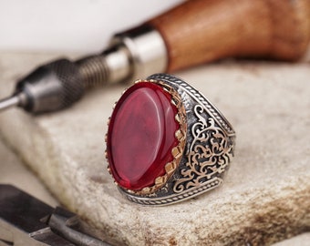 Handmade Men's Silver Ring with Red Fire Amber, Artisan Crafted Silver Band with Natural Amber Stone, Unique Male Jewelry Gift