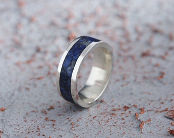 フルエタニティ ラピスラズリ メンズ バンドリング - 鮮やかなスターリングシルバーの結婚指輪 - マジェスティックブルーのステートメントリング