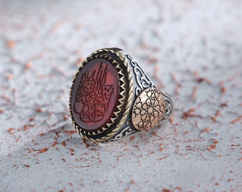 925 Sterling Silver Ring with Brown Agate and Arabic Inscription - Unique Islamic Jewelry for Men