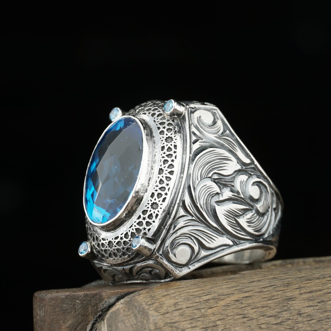 Pure Blue Topaz Stone Men's Silver Silver, Custom Hand Engraved Silver ...