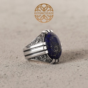 Blue Lapis Lazuli Signet Ring for Men, Solid Silver Men&#39;s Ring, Blue Natural Stone Ring, Lapis Lazuli Jewelry Gift for Husband