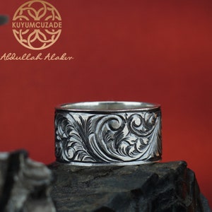 925K Sterling Silver Engraved Floral Band for Men, Vintage Western Style Ring, Victorian Wedding Band, Wide Band Ring, Carved Promise Ring