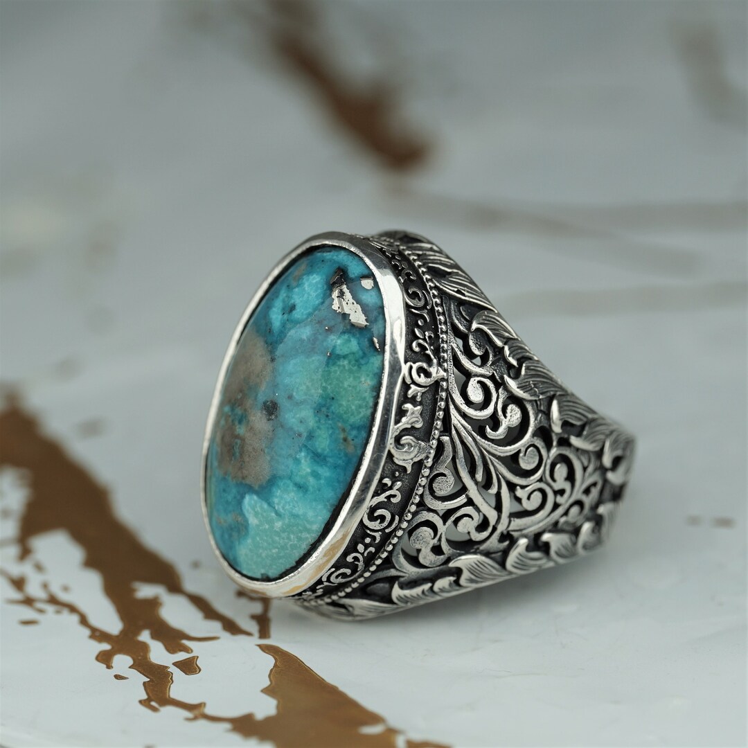 Genuine Turquoise Gemstone Sterling Silver Ring, Statement Ring for Men ...