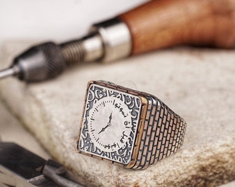 Large Men's Fortress Ring with Clock Symbol & Arabic Proverb, 'Die Before You Die' Calligraphy, Mystical Silver Jewelry