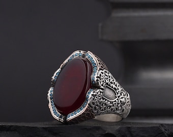 925 Sterling Silver Ring, Fire Amber Centerpiece, Turquoise Micro Zircon Accents, Earth Motif Engraving, Personalizable