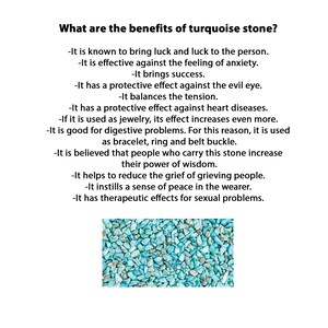May include: White background with text: "What are the benefits of turquoise stone?" followed by a list of benefits. A cluster of small, light blue turquoise stones is at the bottom of the image.