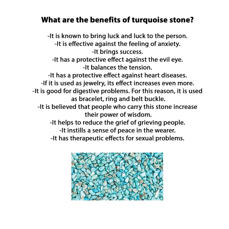 May include: White background with text: "What are the benefits of turquoise stone?" followed by a list of benefits. A cluster of small, light blue turquoise stones is at the bottom of the image.