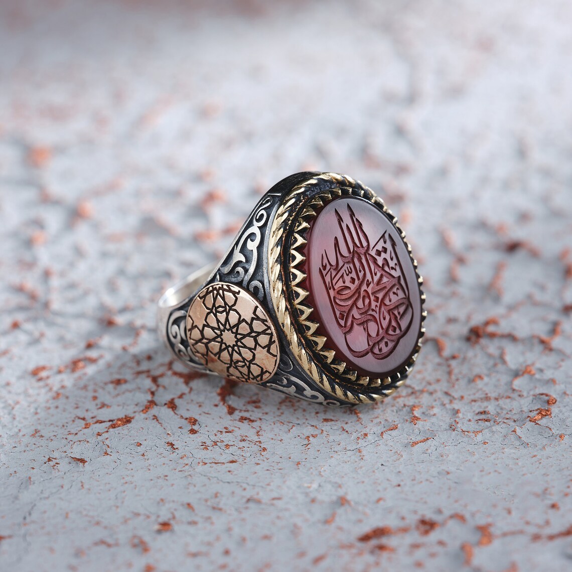 Islamic Rings Stone Names Brown Agate Stone Men Ring, Arabic Inscription Large Stone Ring, Unique ...