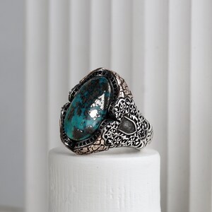 Alhambra Palace Design Genuine Turquoise Gemstone Sterling Silver Ring, Map Engraved Ring, Sterling Silver Ring, Raw Turquoise Gemstone image 5