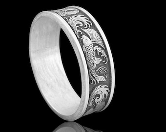 Silver Koi Fish Ring for Men, Engraved Japanese Style Silver Band, Handmade Masculine Silver Ring Gift for Boyfriend