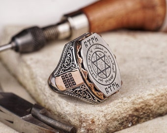 Seal of Solomon Men's Silver Ring, Engraved Abjad Numerology Band, Mystical Islamic Signet, Spiritual Jewelry