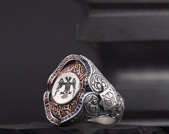 925 Silver Ring with Double-Headed Eagle Design & Oghuz Khan Seal, Micro Zircon Embellishments