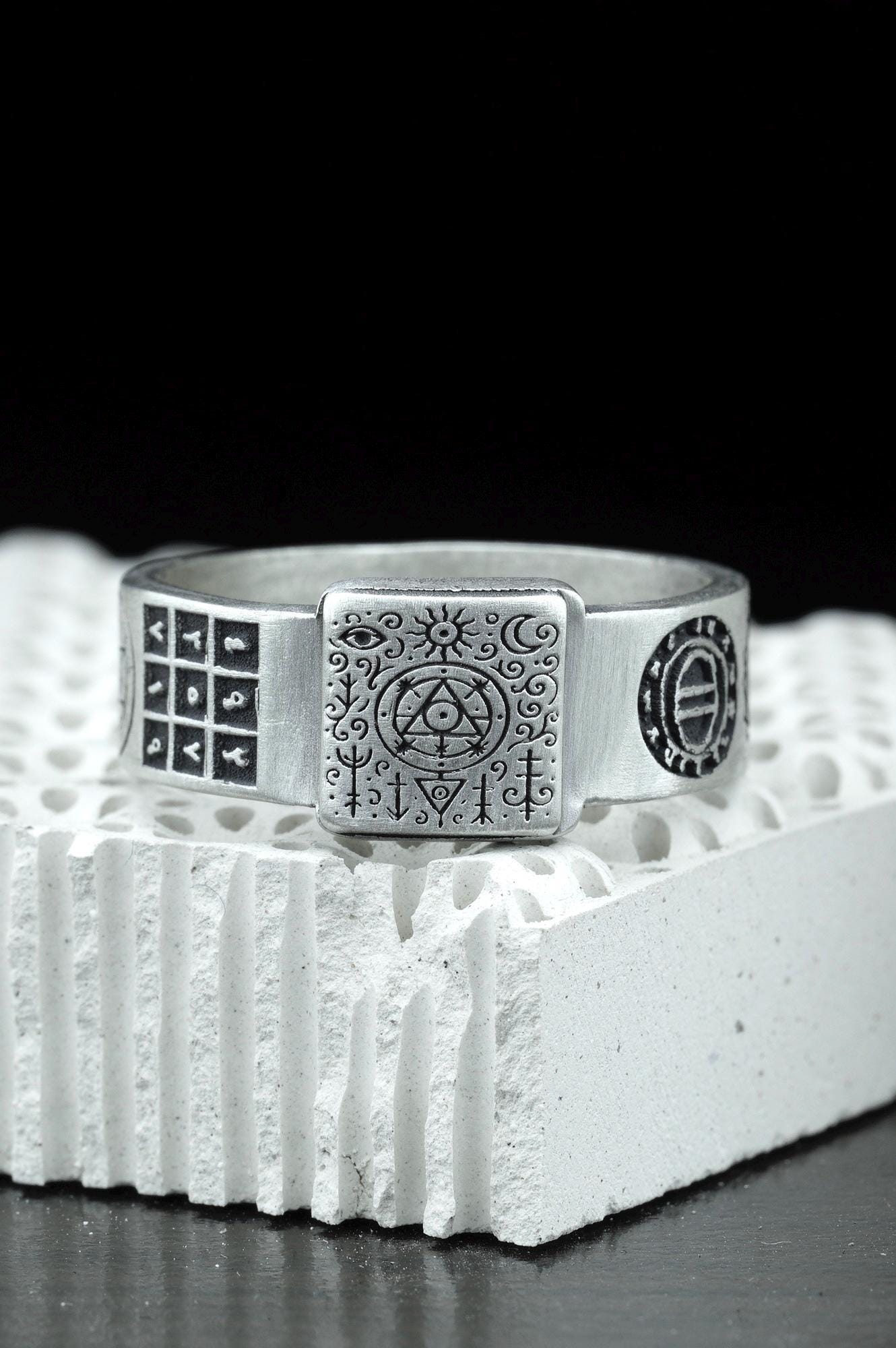 Mystical Sterling Silver Ring With Occult Symbols, Handmade