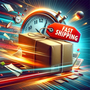 May include: A brown cardboard box with twine tied around it, a red tag with the words "FAST SHIPPING" attached to the box. The box is surrounded by a blur of colorful lights and a clock with a red second hand.