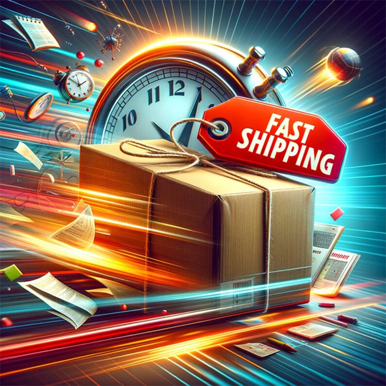 May include: A brown cardboard box with twine tied around it, a red tag with the words "FAST SHIPPING" attached to the box. The box is surrounded by a blur of colorful lights and a clock with a red second hand.