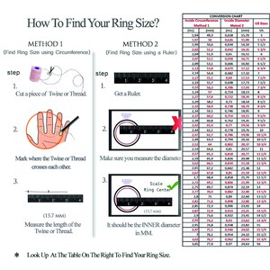 May include: A chart showing how to find your ring size using two methods: measuring circumference with twine or thread and measuring the inner diameter with a ruler. The chart includes a conversion table with ring sizes in inches and millimeters, along with corresponding US ring sizes.