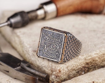 Large Fortress-Style Men's Silver Ring with Custom Calligraphy, Hand-Engraved Name Signet, Mystical Artisan Jewelry