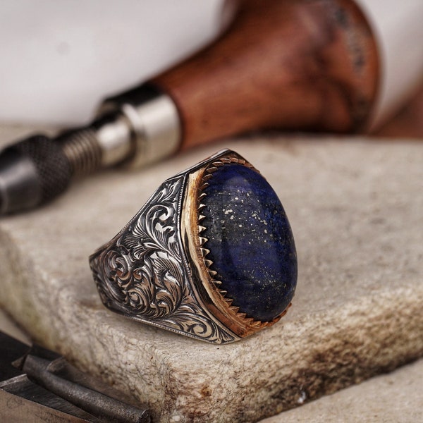 Handmade Men's Silver Ring with Natural Lapis Lazuli, Large Oval Lapis Stone Signet, Artisan Crafted Jewelry