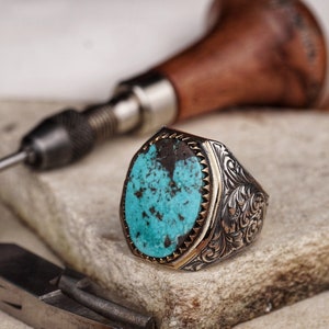 Large Oval Turquoise Silver Ring, Genuine Natural Turquoise Signet, Handmade Men&#39;s Statement Jewelry