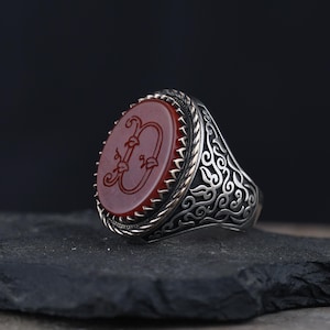 Anillo de plata de ley 925 para hombre con piedra de ágata marrón y grabado de letras personalizado, regalo personalizable para él, joyería hecha a mano