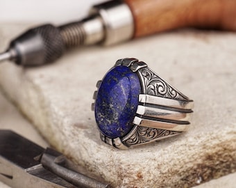 Handcrafted Silver Ring with Original Blue Lapis Lazuli, Intricately Engraved, Timeless Artisan Jewelry Creation