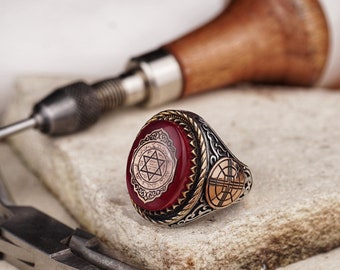 Mystical Silver Ring with Red Fire Amber, Solomon's Seal Engraving, Exquisite Motifs, Unique Handcrafted Spiritual Jewelr