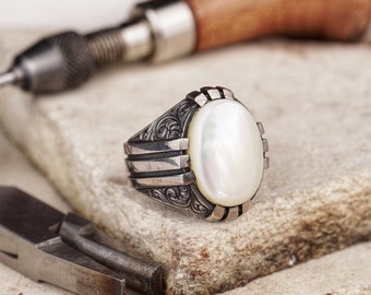 Exquisite Handcrafted Silver Ring with Original White Mother of Pearl, Intricate Engraving Details, Unique Artisan Jewelry