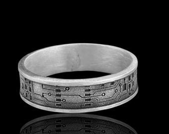 Circuit Board Silver Ring for Men – Tech Inspired Band Ring, Unique Geek Gift, 925 Sterling Silver Minimalist Ring
