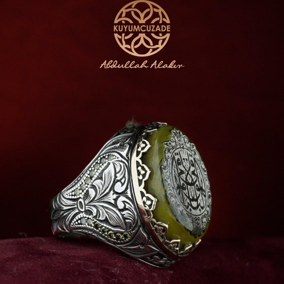 Men s Amber Arabic Written Islamic Silver Ring in Amber Stone