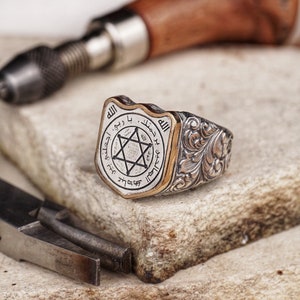 Men&#39;s Silver Ring with Engraved Seal of Solomon, Occult Symbol Jewelry, King Solomon Seal Signet Ring, Star o f David Ring, Large Thumb Ring