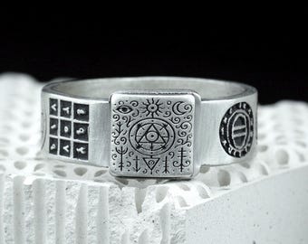 Mystical Sterling Silver Ring With Occult Symbols, Handmade