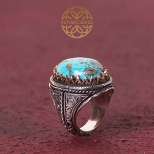 Genuine Turquoise Gemstone Sterling Silver Ring, Statement Ring for Men, Natural Turquoise Ring, Gift for Him, Anniversary Gift Silver Ring