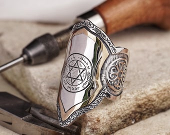 Exquisite Silver Thumb Ring with Solomon's Seal Engraving, Artisan-Crafted for Traditional Archery, Men’s Historical Spiritual Accessory