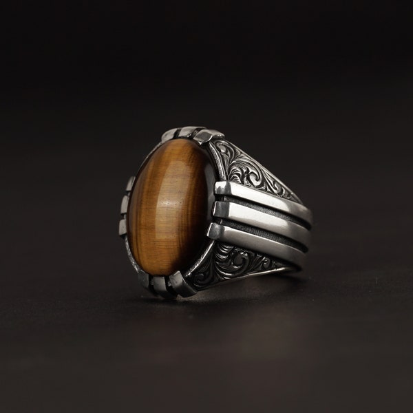 Bague Homme Argent 925 avec Nacre Naturelle, 18g, Motifs Gravés à la Main