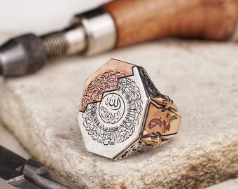 Ayat al-Kursi Engraved Men's Silver Ring, Octagonal Islamic Calligraphy Band, Patience Gratitude Minaret Design