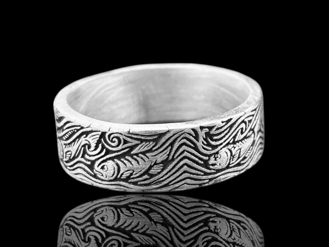 Sterling Silver Fish Ring for Men, Engraved Nautical Band With Waves ...