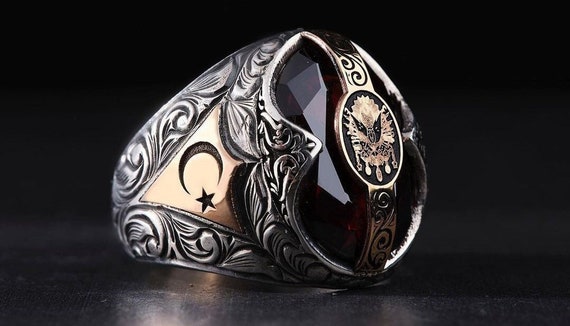 Ottoman Empire Flag Handmade Private Design Red Stone Gold Plated Steling Silver Ring for Men Unique Ring Special Design Hand Carved Art Etsy