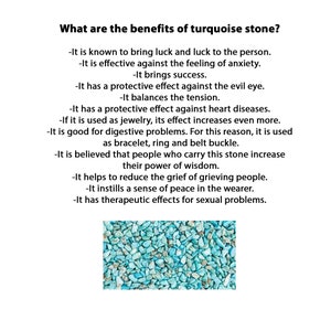 May include: A close-up image of turquoise stones. The image is accompanied by text describing the benefits of turquoise stone, including its ability to bring luck, reduce anxiety, and promote peace.