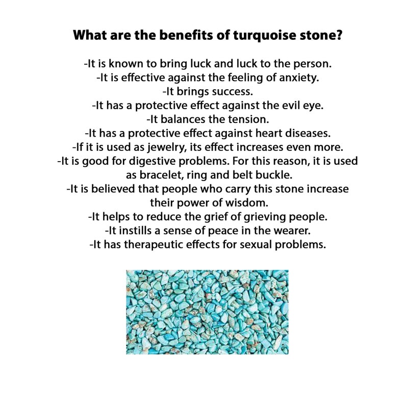 May include: A close-up image of turquoise stones. The image is accompanied by text describing the benefits of turquoise stone, including its ability to bring luck, reduce anxiety, and promote peace.
