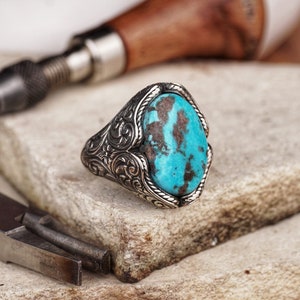 Large Oval Turquoise Silver Ring, Genuine Natural Turquoise Signet, Handmade Men&#39;s Statement Jewelry