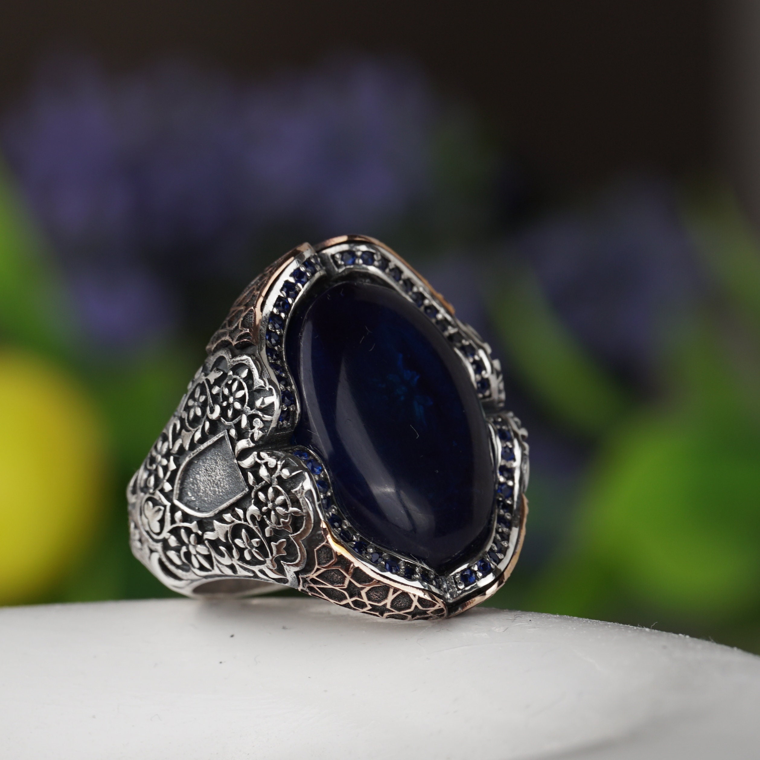 Navy Blue Fire Amber Stone Engraved Sterling Silver Ring - Etsy