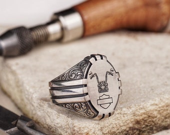 Custom Motorcycle-Themed Silver Ring, Handcrafted with Engraved Bike Handlebars & Brand Symbols, Unique Gift for Motor Enthusiasts