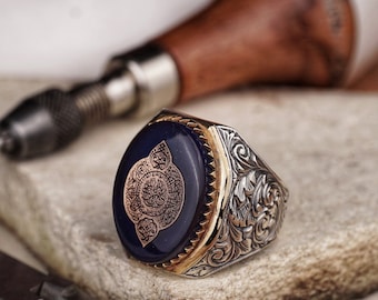 Surah Al-'Alaq Engraved Navy Blue Fire Amber Ring, Large Handmade Men's Silver Quranic Verse Signet