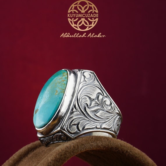 Men's Handmade Turquoise Gemstone Silver Ring, Natural Gemstone Silver Ring fo Men, Majestic Ring, Heraldic Ring, Best Anniversary Gift Ring