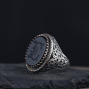 Anillo de plata de ley 925 para hombre con piedra de ágata negra y grabado de letras personalizado, regalo personalizado para él, joyería única hecha a mano