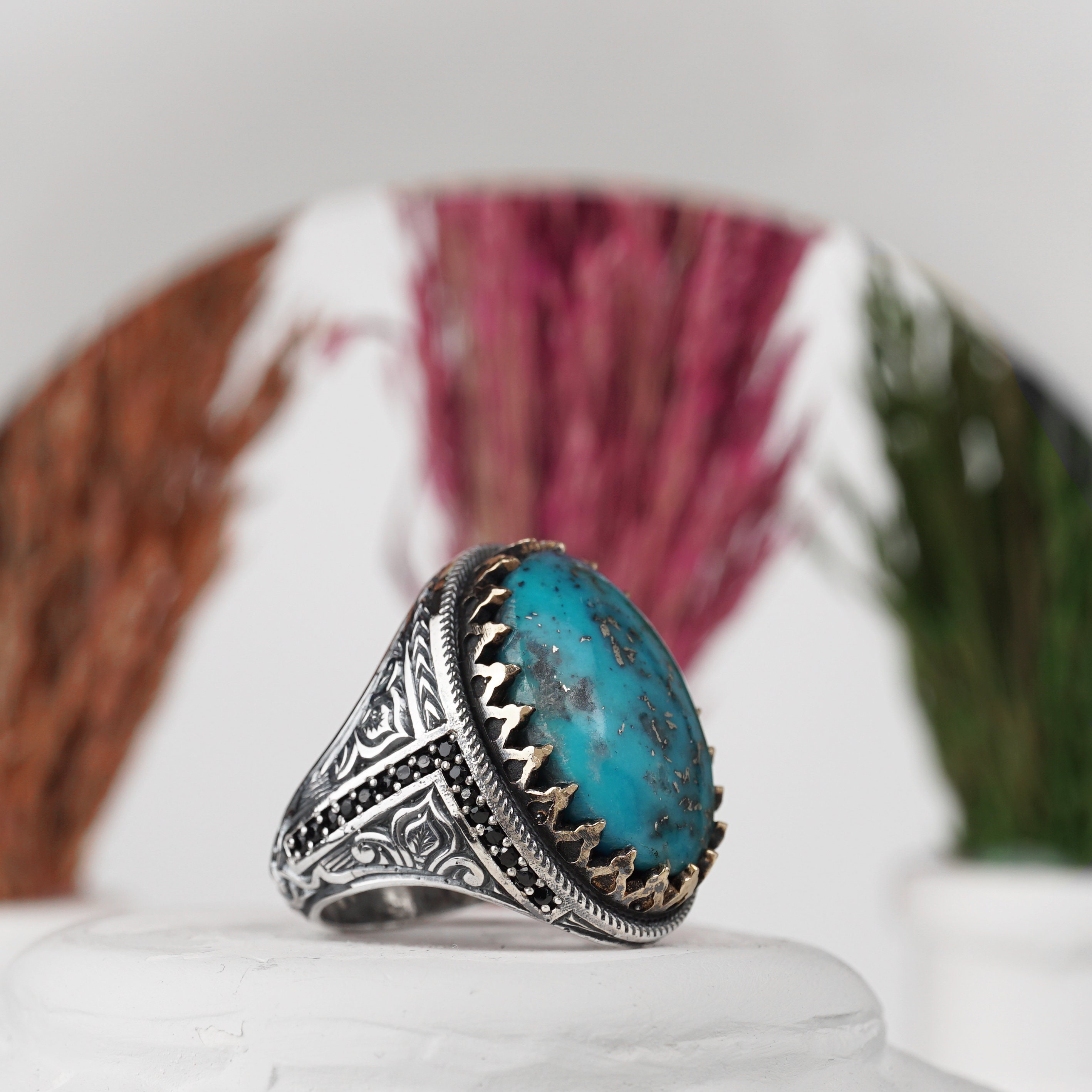 Genuine Turquoise Gemstone Sterling Silver Ring, Statement Ring for Men ...