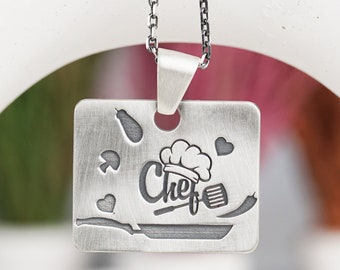 Master Chef Necklace, Kitchen Chef Necklace, Silver Chef Pendant with Silver Chain, Cooking Necklace, Unisex Silver Jewelry