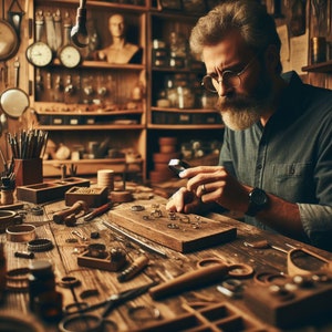 May include: A man wearing a blue shirt and glasses examines a collection of gold rings with a magnifying glass. The rings are spread out on a wooden table with other tools and supplies.